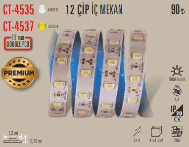 12 Çip İç Mekan Şerit LED (Premium / Double PCB)