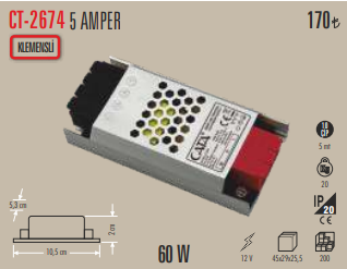 5 Amper Klemensli LED Trafosu (60W)