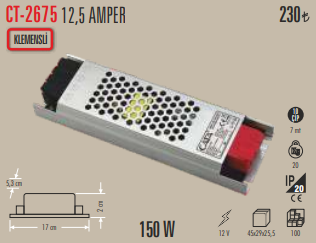 12,5 Amper Klemensli LED Trafosu (150W)